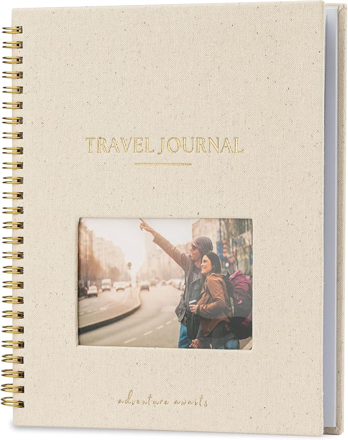 Nook Theory Personalized Travel Journal for Women, Men - Linen Travelers Notebook, Adventure Book with Prompts, Perfect for Travel Gifts (Speckles Cream)