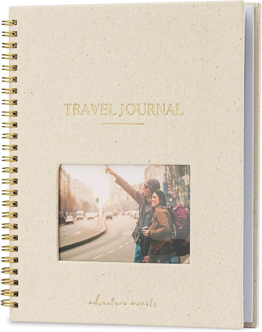 Nook Theory Personalized Travel Journal for Women, Men - Linen Travelers Notebook, Adventure Book with Prompts, Perfect for Travel Gifts (Speckles Cream)