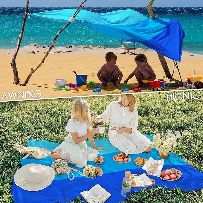 BYDOLL Beach Blanket Waterproof Sandproof Large Sand Free,78''X81''/10'X9' Oversized Sandless Lightweight Blanket Picnic Mat for Beach Travel Camping Hiking with Stakes