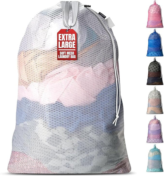 Handy Laundry Mesh Laundry Bag 24 x 36 Inches - Extra Large Heavy Duty Bag with Handles & Shoulder Strap, Breathable, Machine Washable for Dorm, Travel, Bedding & Storage - White
