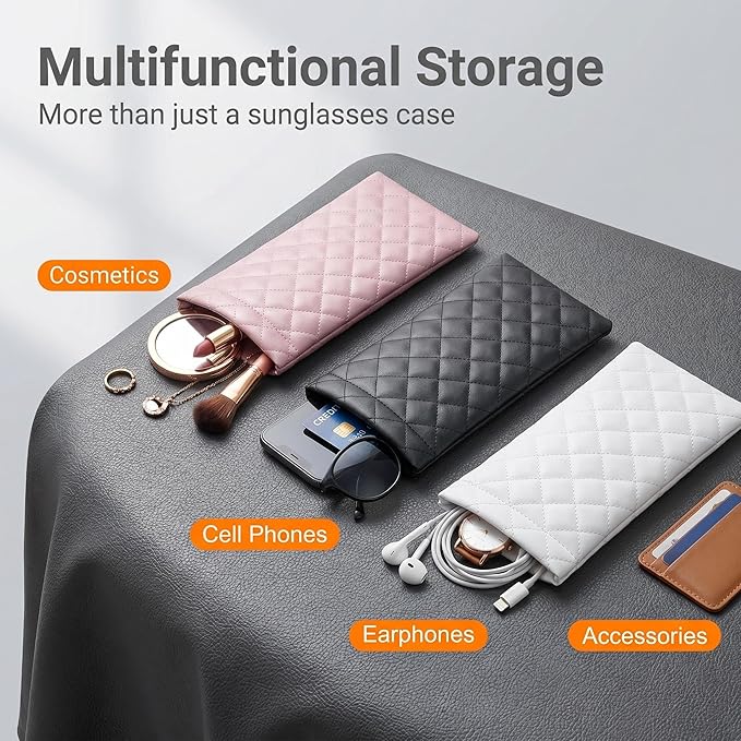 3 Pcs Soft Glasses Case for Women and Men, PU Leather Portable Slim Sunglasses Pouch, Squeeze Top Soft Eyeglasses Protective Holder, Travel Eyeglass Case for Sunglasses and Prescription Glasses