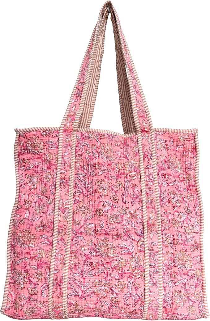 ATOSII Women Handblock Print Quilted 100% Cotton Floral Large Shoulder Tote Bag with Pocket, Zipper for Work, Beach & Travel