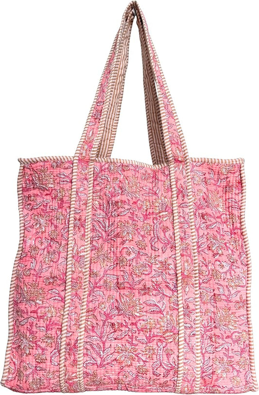 ATOSII Women Handblock Print Quilted 100% Cotton Floral Large Shoulder Tote Bag with Pocket, Zipper for Work, Beach & Travel