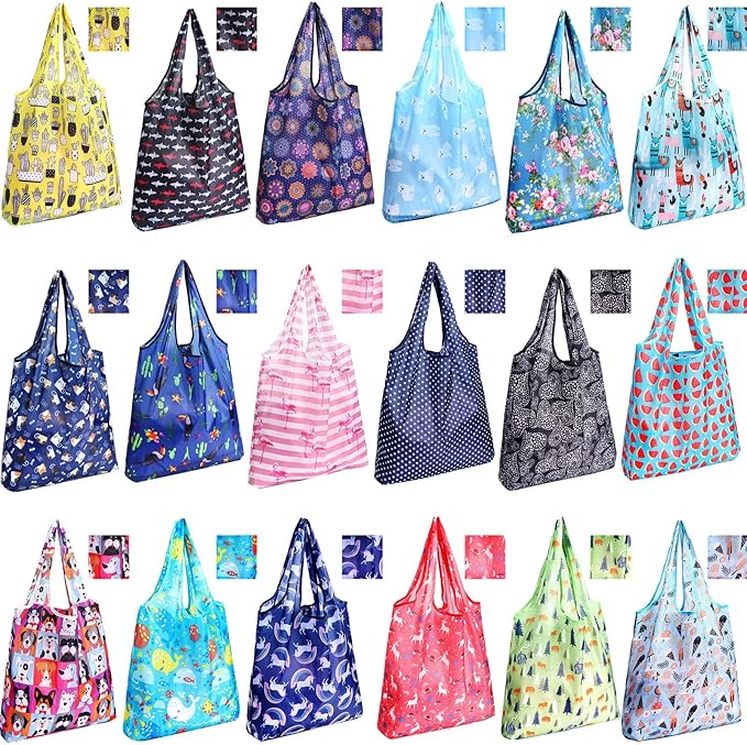 Weewooday 18 Pieces Foldable Reusable Shopping Bags Machine Washable Grocery Bags Waterproof