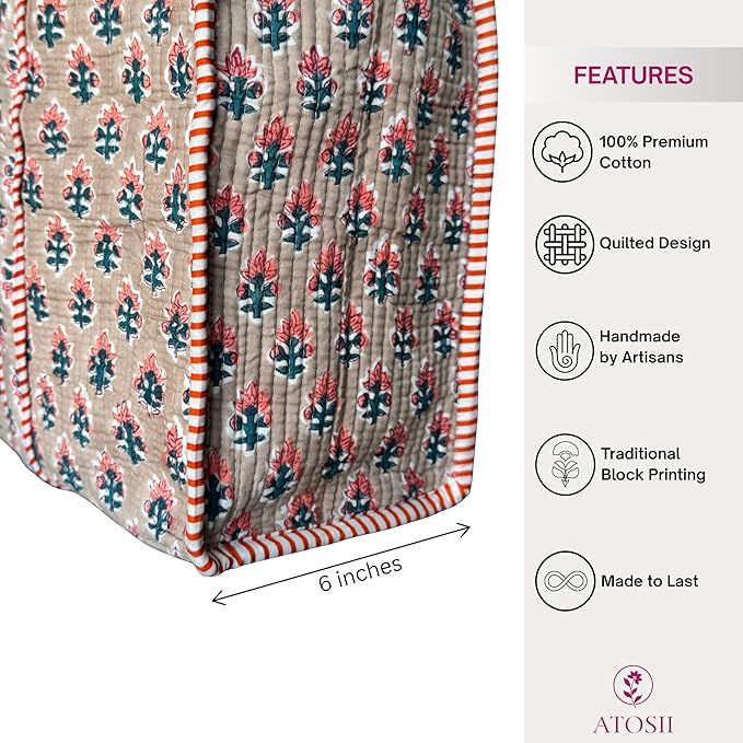 ATOSII Women Handblock Print Quilted 100% Cotton Floral Large Shoulder Tote Bag with Pocket, Zipper for Work, Beach & Travel
