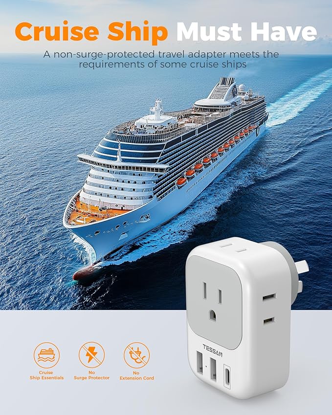 Australia New Zealand Power Adapter, TESSAN Type I Travel Adaptor with 4 American Outlets 3 USB Ports (1 USB C 20W), Plug Adapter for US to Australian Argentina China Fiji Cook Islands AU NZ