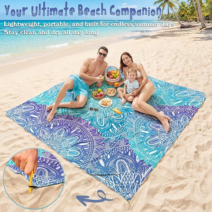 Aroveea Beach Blanket Waterproof Sandproof 1-7 Adult Oversized 78''X81''/10'X9' Lightweight Durable Compact Sand Free Beach Mat for Travel Camping Hiking Picnic Blanket