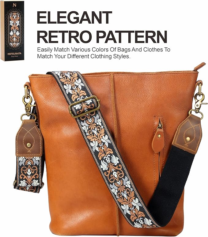 Nefelibata Purse Strap-2"Crazy Horse Leather Bag Strap Adjustable Replacement,Retro Jacquard Embroidery Crossbody Straps