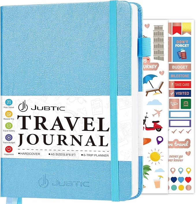 JUBTIC Travel Journal, Vacation Planner with Budget Tracker and Checklist, A5 Size Trip Planner, Diary Notebook for 6 Trips, Travel Gifts Accessories for Women, Men & Couples (Aquamarine)