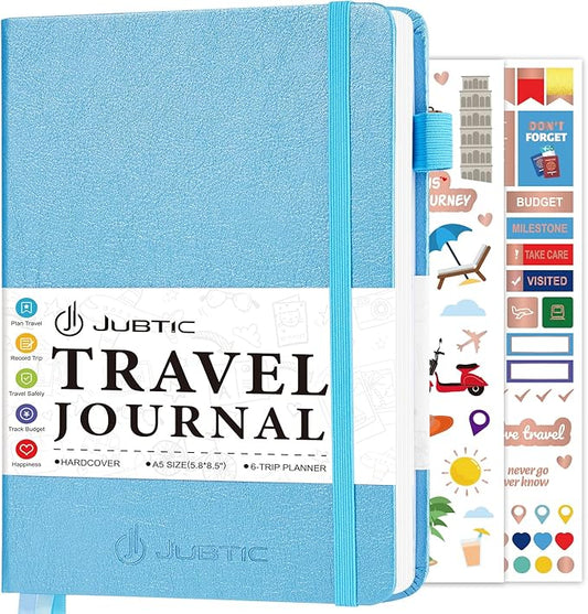 JUBTIC Travel Journal, Vacation Planner with Budget Tracker and Checklist, A5 Size Trip Planner, Diary Notebook for 6 Trips, Travel Gifts Accessories for Women, Men & Couples (Aquamarine)