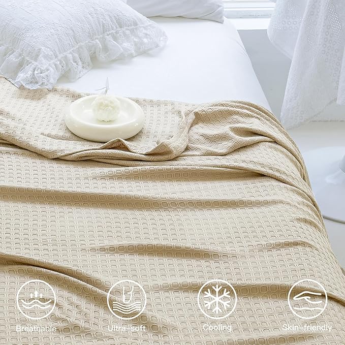 AmyHomie Cooling Blanket King Size, 100% Rayon Derived from Bamboo, Cool Summer Blanket for Hot Sleepers Soft Comfy Waffle Lightweight Blankets for All Seasons(108×90in,Khaki)