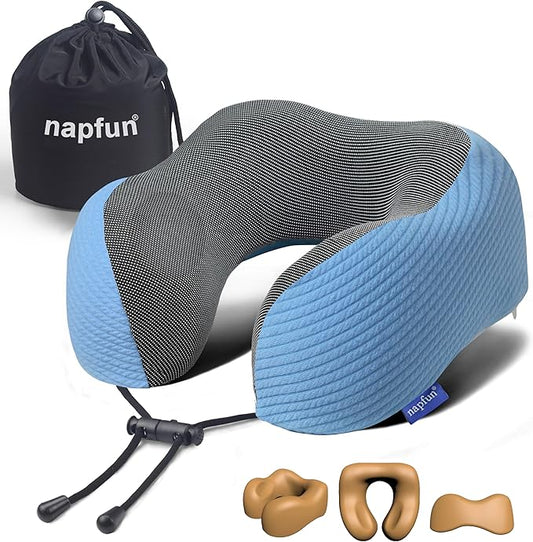 napfun Neck Pillow for Traveling, Upgraded Travel Neck Pillow for Airplane 100% Pure Memory Foam Travel Pillow for Flight Headrest Sleep, Portable Plane Accessories, Sky Blue