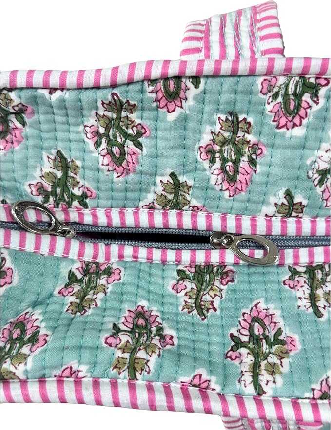 ATOSII Women Handblock Print Quilted 100% Cotton Floral Large Shoulder Tote Bag with Pocket, Zipper for Work, Beach & Travel