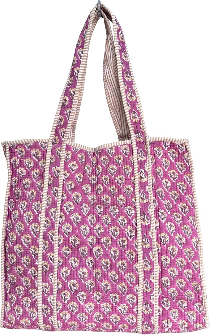 ATOSII Women Handblock Print Quilted 100% Cotton Floral Large Shoulder Tote Bag with Pocket, Zipper for Work, Beach & Travel