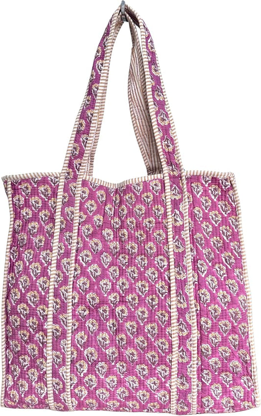 ATOSII Women Handblock Print Quilted 100% Cotton Floral Large Shoulder Tote Bag with Pocket, Zipper for Work, Beach & Travel