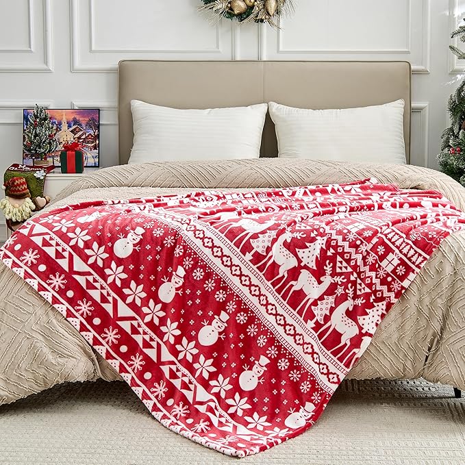 Edenleaf Christmas Blanket Soft Cozy Fleece Throws with Snowman Snowflake Reindeer and Xmas Trees Print, Fuzzy Warm Christmas Throw Blanket for Couch Bed Holiday Decorations Gifts 60"x80" (Red)