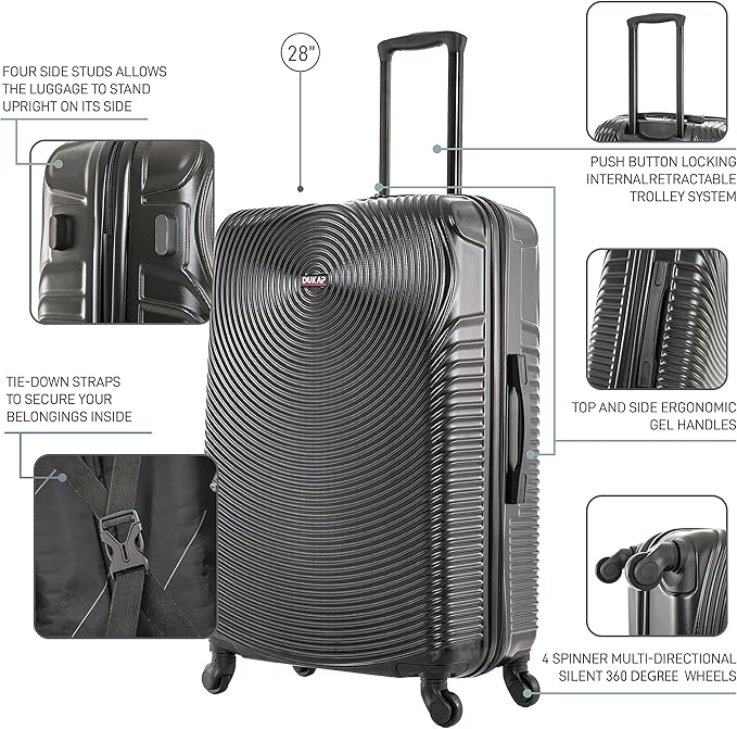 DUKAP INCEPTION Lightweight Hardside Spinner Luggage with Ergonomic Handles, Travel Suitcase with Four Spinner Wheels and Studs, 28-Inch Large Checked Luggage | Black