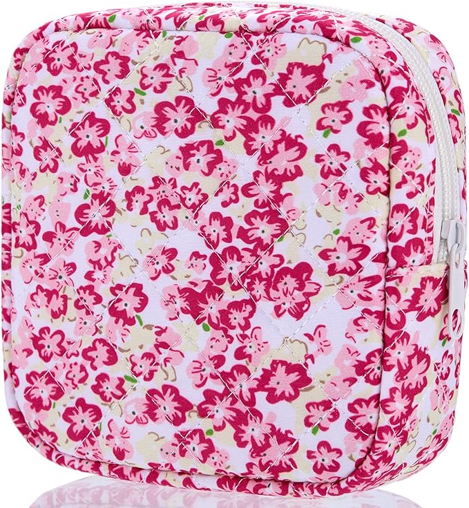 Period Bag for Girls, Quilted Period Pouch for Women, Floral Sanitary Napkin Storage Bag Menstrual Pad Pouches Tampon Holder for Purse Pad Bag Gifts for Teen Girls(Red)