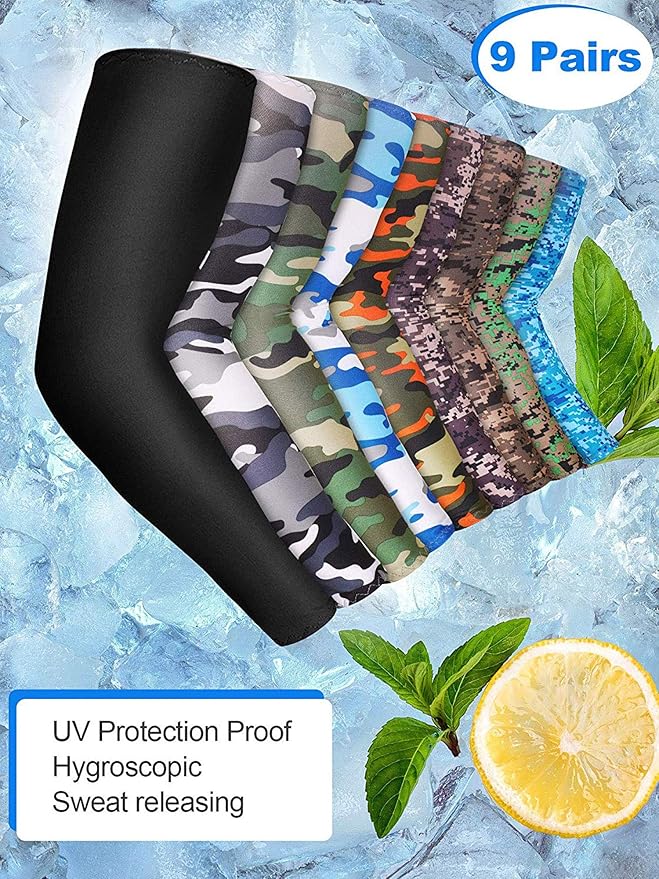 9 Pairs Unisex UV Protection Sleeves Arm Cooling Ice Silk Arm Cover Sleeves (Camouflage, Black)