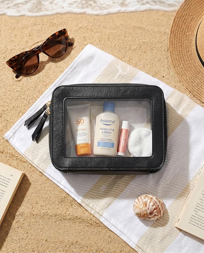 LETGO Clear Makeup Bags for Beach, TSA Approved Toiletry Bag with Zipper, Clear Beach Makeup Organizer Fit Carry-on Travel Essentials,Small Cosmetic Bags for Women Men (O-Black)