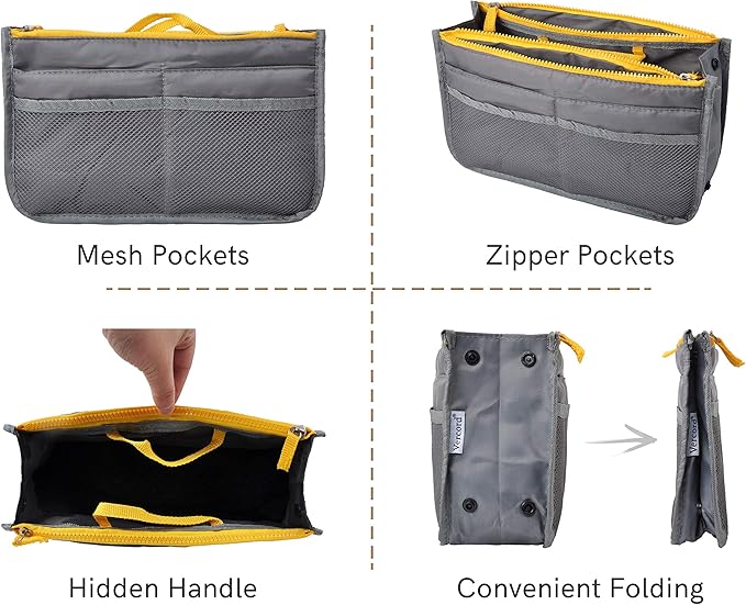 Vercord Purse Organizer Insert for Handbags Bag Organizers Inside Tote Pocketbook Women Nurse Nylon 13 Pockets Grey Large