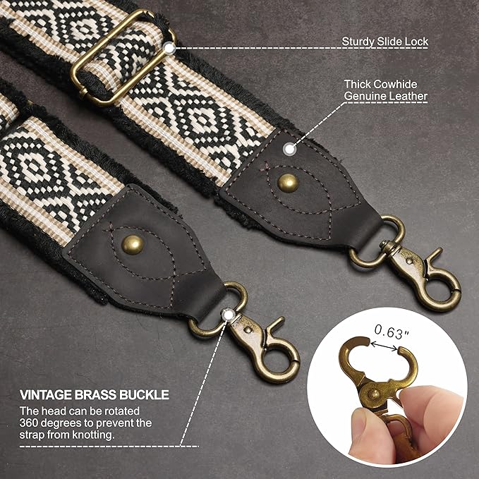 Nefelibata Purse Strap-2"Crazy Horse Leather Bag Strap Adjustable Replacement,Retro Jacquard Embroidery Crossbody Straps