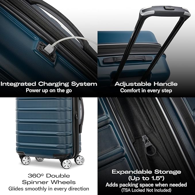Samsonite Omni 2 Global Carry-On Spinner Luggage - Compact Size For International Travel - Airline-Approved - Features Expandable Polycarbonate Shell, 360° Wheels, USB Power Hub - Silver