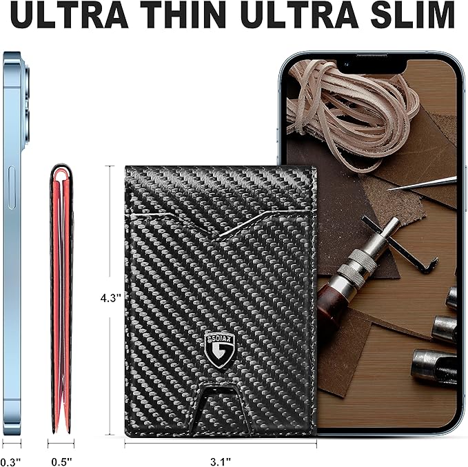 GSOIAX Slim Wallet for Men Rfid Blocking Leather Bifold Front Pocket Carbon Fiber Men's Money Clips Credit Card Holder With Gift Box