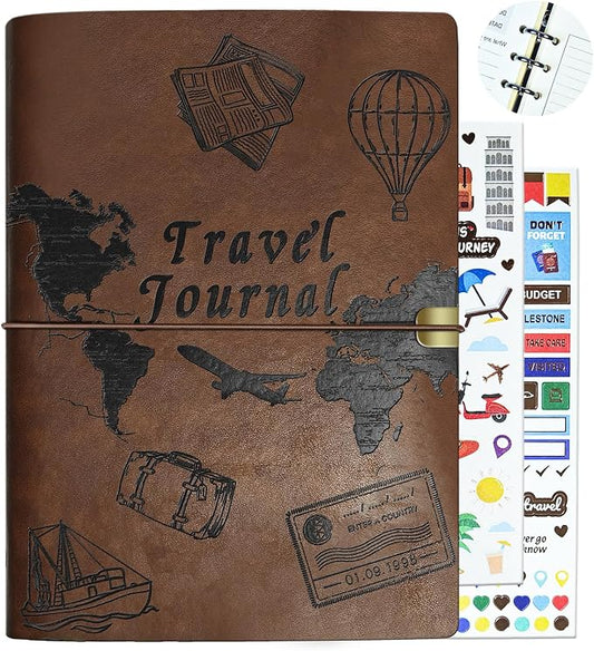 Travel Journal for Women Men and Couples, Leather Travel Notebook with Prompts, Travel Memory Book & Adventure Book (Brown)