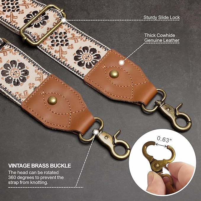 Nefelibata Purse Strap-2"Crazy Horse Leather Bag Strap Adjustable Replacement,Retro Jacquard Embroidery Crossbody Straps