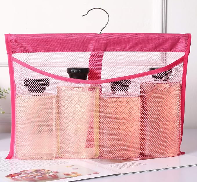 Portable Mesh Pocket with Rotatable Hanger, Quick Dry Serial Type Bath Storage Organizers for Travel, Camper, RV, Gym, Cruise, Cabin, College Dorm Shower(Pink)