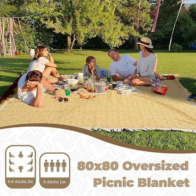 Genovega 2 in 1 Extra Large 80"* 80" Rug Picnic Blankets Waterproof Outdoor Beach Blanket Foldable Camping Mat Supplies Europe Travel Accessories Hawaii Necessities Hiking Items Yellow
