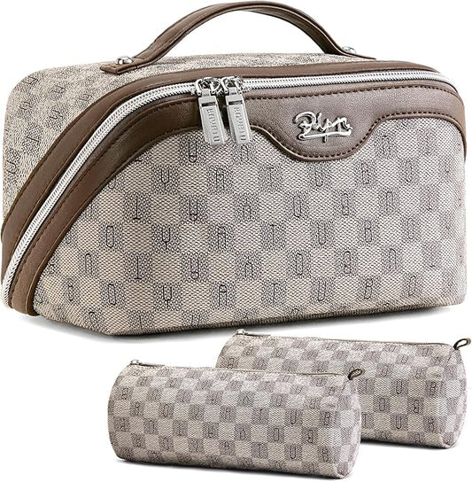 BOYATU Travel Makeup Bag Organizer Cosmetic Bag: 3 Pcs Set Make up Bags for Women with Handle - Waterproof Vegan Leather Toiletry Bags Travel Essentials Pouch with Compartments (H-02-Grey)
