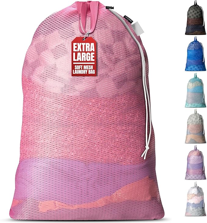 Handy Laundry Mesh Laundry Bag 24 x 36 Inches - Extra Large Heavy Duty Bag with Handles & Shoulder Strap, Breathable, Machine Washable for Dorm, Travel, Bedding & Storage - Pink