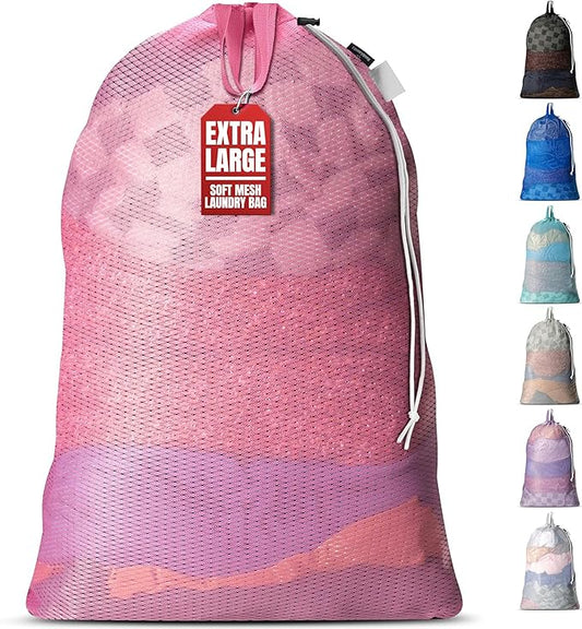 Handy Laundry Mesh Laundry Bag 24 x 36 Inches - Extra Large Heavy Duty Bag with Handles & Shoulder Strap, Breathable, Machine Washable for Dorm, Travel, Bedding & Storage - Pink