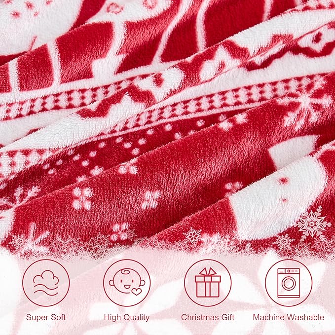 Edenleaf Christmas Blanket Soft Cozy Fleece Throws with Snowman Snowflake Reindeer and Xmas Trees Print, Fuzzy Warm Christmas Throw Blanket for Couch Bed Holiday Decorations Gifts 50"x60" (Red)