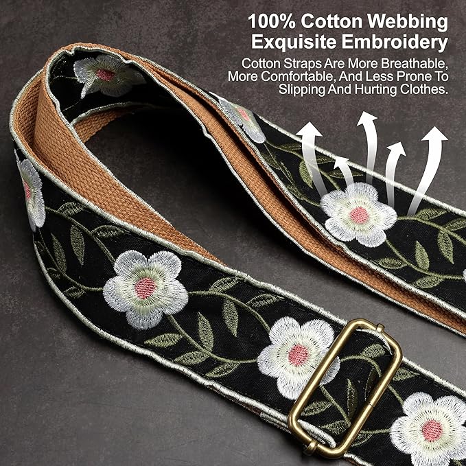Nefelibata Purse Strap-2"Crazy Horse Leather Bag Strap Adjustable Replacement,Retro Jacquard Embroidery Crossbody Straps