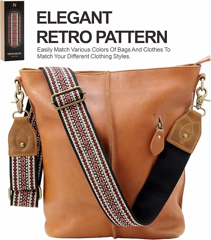 Nefelibata Purse Strap-2"Crazy Horse Leather Bag Strap Adjustable Replacement,Retro Jacquard Embroidery Crossbody Straps