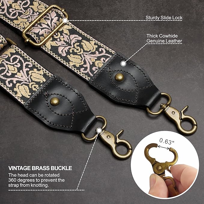 Nefelibata Purse Strap-2"Crazy Horse Leather Bag Strap Adjustable Replacement,Retro Jacquard Embroidery Crossbody Straps