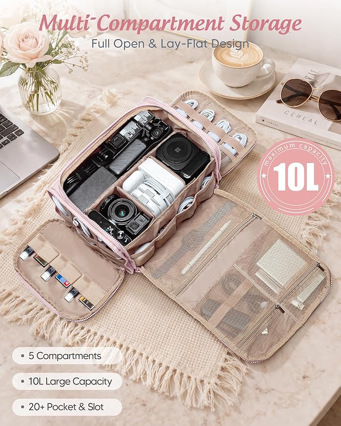Marscamd Cable Organizer Bag, Travel Cord & Charger Organizer Pouch for Tech Accessories & Electronics, Home Storage, Pink
