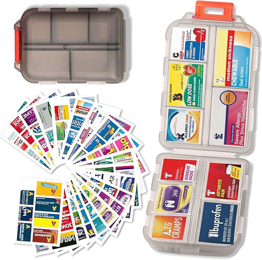 Pill Organizer with Medicine Labels Travel Daily Pill Container Mini Medication Organizer Storage Pill Organizer Travel Essentials Pill Case 7 Day (Grey & 161 Lables)