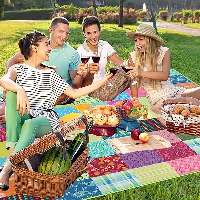 Supfitness Extra Large Picnic Blankets Waterproof Foldable (60"x 80") Boho Beach Blanket Waterproof Sandproof,3-Layer Thicking Mat Outdoor Packable Camping Blanket