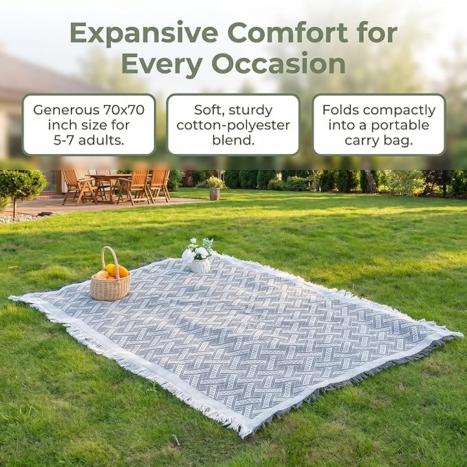 70x70 Bohemian Picnic Mat Extra Large, Sand Proof Outdoor Camping Blanket Machine Washable, Lightweight Portable Travel Tarp for 5-7 Adults Beach Park Grass (Gray-T-Grid)