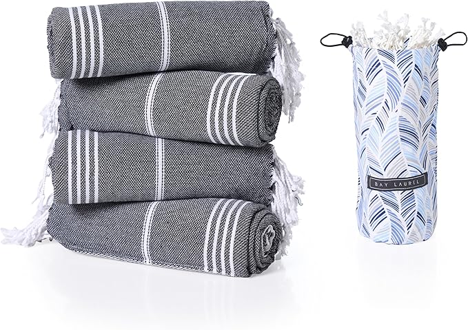 BAY LAUREL 4-Pack Oversized Turkish Beach Towels – Quick Dry, Sand Free Towels with Travel Bags, 39"x71", Lightweight (Pack of 4 - Black with Blue Floral Bag)