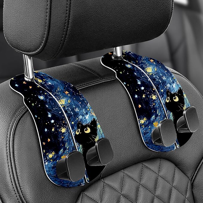 WOCOCN Purse Holder for Car, 2 Pack Heavy Duty Purse Hanger for Car, PU Leather Car Seat Hooks for Purses and Bags, Cute Blue Starry Sky Cat Headrest Organizer for Handbags & Backpacks