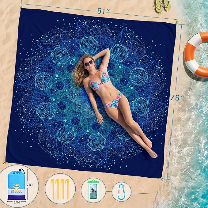 BYDOLL Beach Blanket Waterproof Sandproof Large Sand Free,78''X81''/10'X9' Oversized Sandless Lightweight Blanket Picnic Mat for Beach Travel Camping Hiking with Stakes