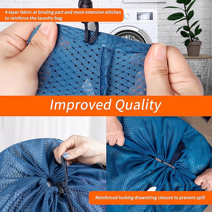 Polecasa Heavy Duty Diamond Mesh Laundry Bags 24x36"- Machine Washable Large Commercial Grade Laundry Bag with Drawstring & ID Tag for College Dorms, Travel, Sports Equipment – Blue