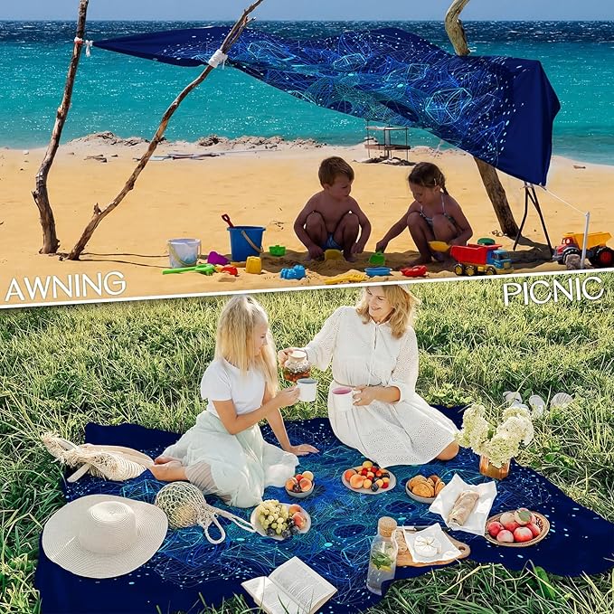 BYDOLL Beach Blanket Waterproof Sandproof Large Sand Free,78''X81''/10'X9' Oversized Sandless Lightweight Blanket Picnic Mat for Beach Travel Camping Hiking with Stakes