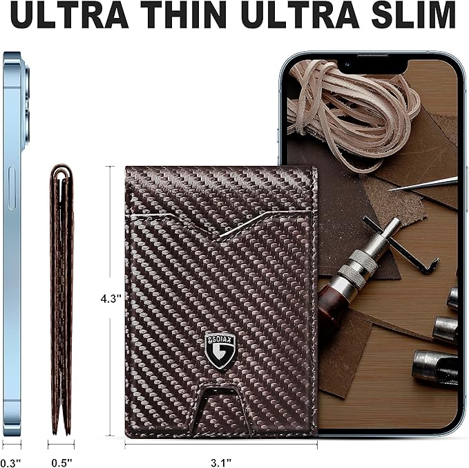 GSOIAX Slim Wallet for Men Rfid Blocking Leather Bifold Front Pocket Carbon Fiber Men's Money Clips Credit Card Holder With Gift Box