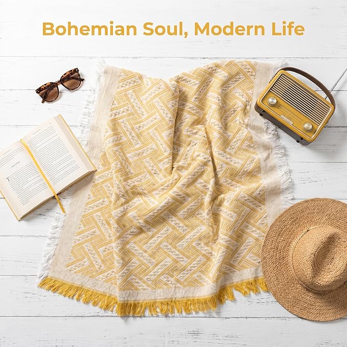 70x70 Bohemian Picnic Mat Extra Large, Sand Proof Outdoor Camping Blanket Machine Washable, Lightweight Portable Travel Tarp for 5-7 Adults Beach Park Grass (Yellow-T-Grid)